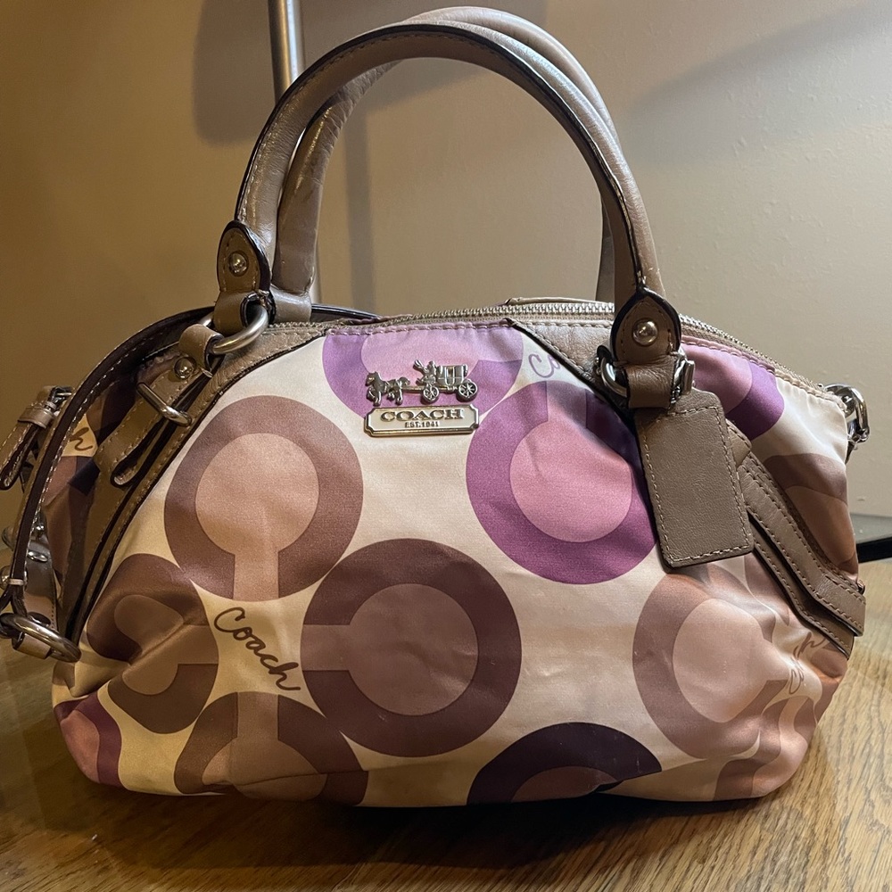 Coach purple lavender & khaki purse silver hardware handles & a shoulder strap